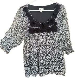 ECI New York Y2K Leopard Tiered Top 12 Black Rosette Smocking Sheer 3/4 Sleeves